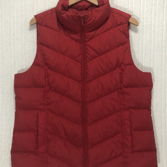 Lands' End Jackets & Blazers - Lands' End Mens Red Down Puffer Vest Chevron Quilted Full Zip Size L 14-16